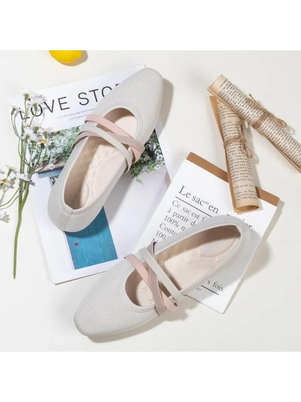 Women's Beige Knit Square Toe Ballet Flats Mary Jane Slip On Causal Shoes